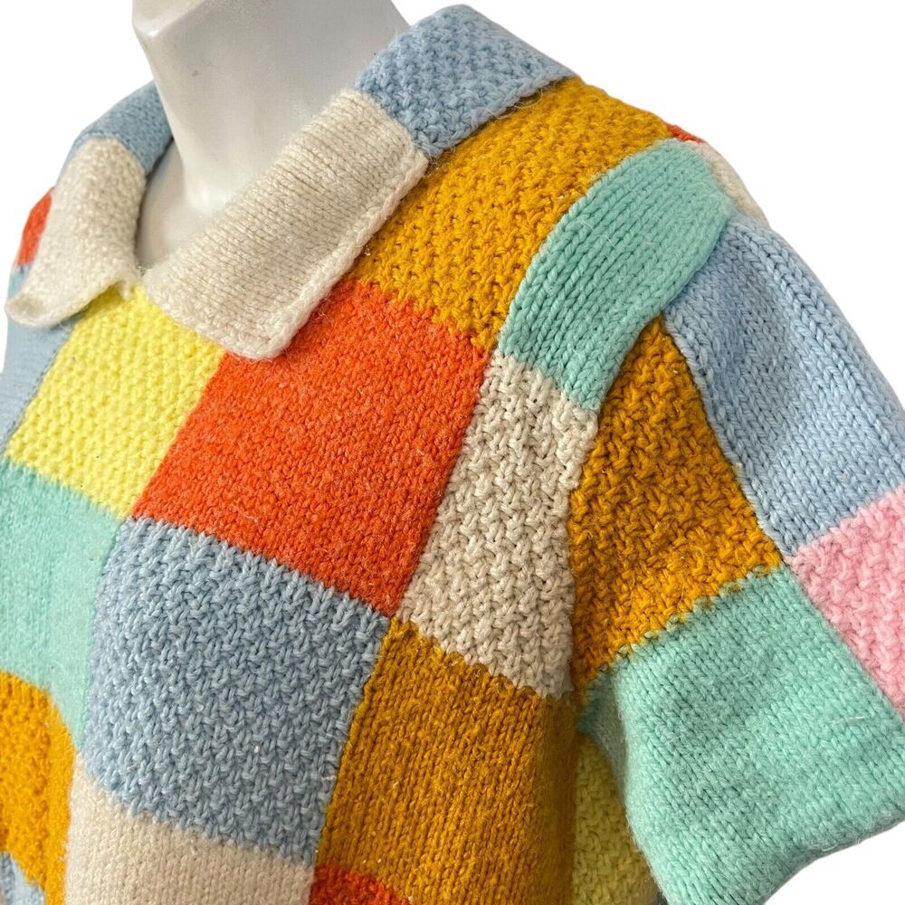 Vintage Peterpan Collar Brady Bunch Groovy Checkered Sweater 70s Patchwork M - Picture 10 of 14